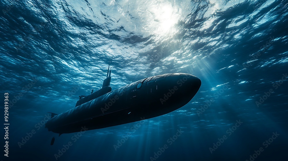 Silhouette of a submarine underwater with sunlight shining through the water.