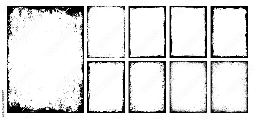 Grunge frame border or background set with ink paint brush stroke, torn paper effect and dirty overlay texture for social media. Retro business banner frame pattern or silhouette with watercolor art.
