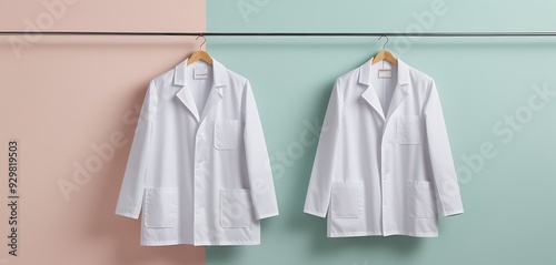 Lab coats hanging on a minimalist pastel background. photo