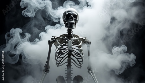 Eerie white-lit skeleton surrounded by smoke or mist, creating a spooky and haunting atmosphere, perfect for Halloween or horror-themed projects. photo