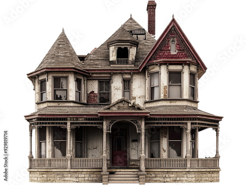 Rustic wooden structure with weathering and decay on white background.