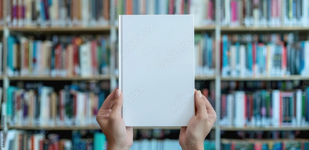 Hands holding a blank book mock-up in front of a library bookshelf filled with colorful books. Concepts of reading, literature, knowledge, and study environments. Hands holding a blank book mock-up in front of a library bookshelf filled with colorful books. Concepts of reading, literature, knowledge, and study environments.