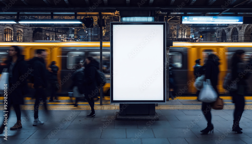 Blank billboard standing on a busy subway platform with people walking