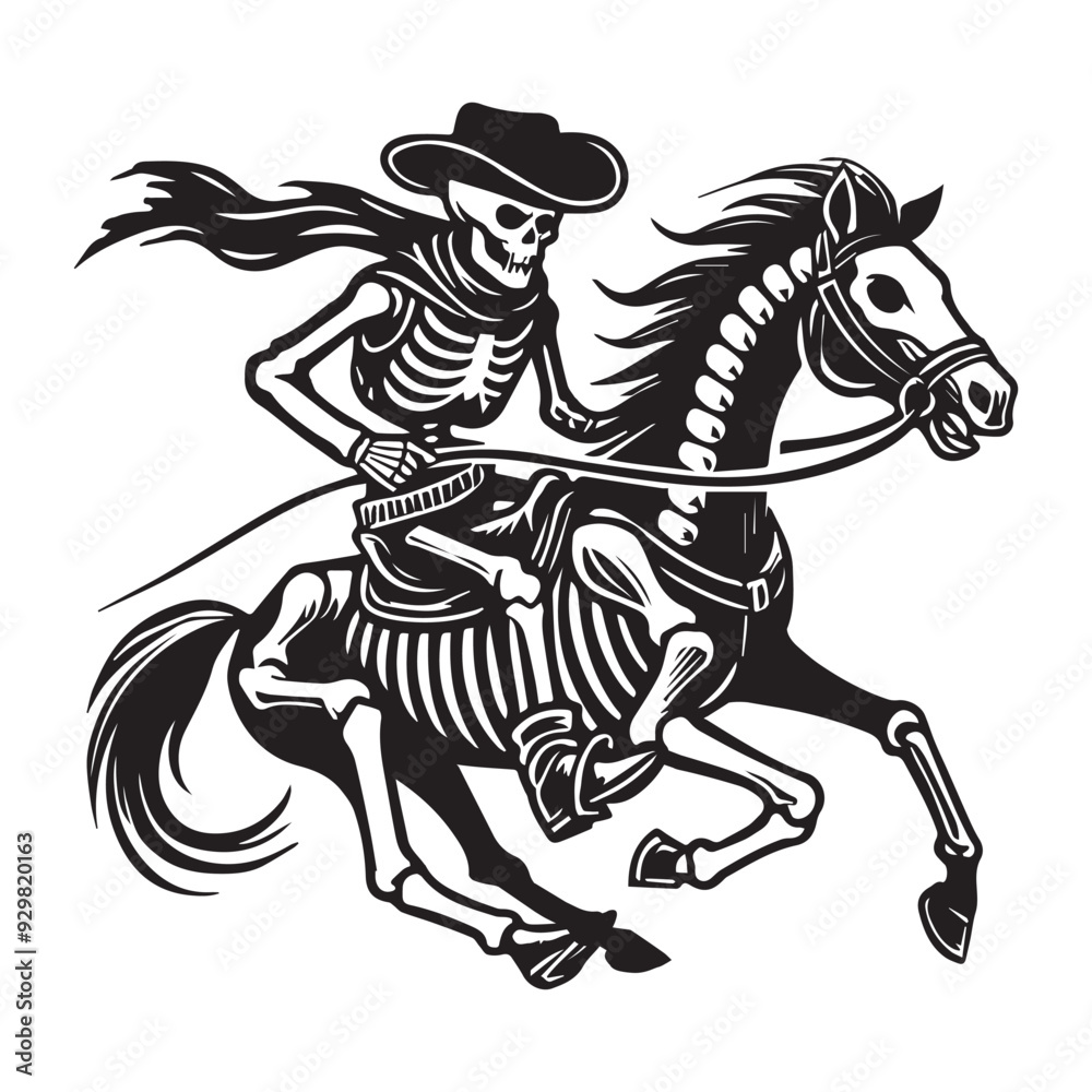 Skeleton cowboy silhouette, Ghost Rider's Charge Illustration in black and white Skeleton cowboy silhouette, Ghost Rider's Charge Illustration in black and white
