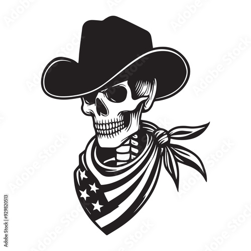Skeleton cowboy silhouette,  Patriotic Gunslinger Illustration in black and white