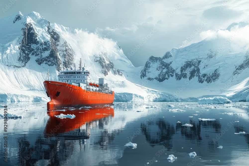 Dramatic Antarctic landscape with red inflatable boat and snow capped mountains Dramatic Antarctic landscape with red inflatable boat and snow capped mountains