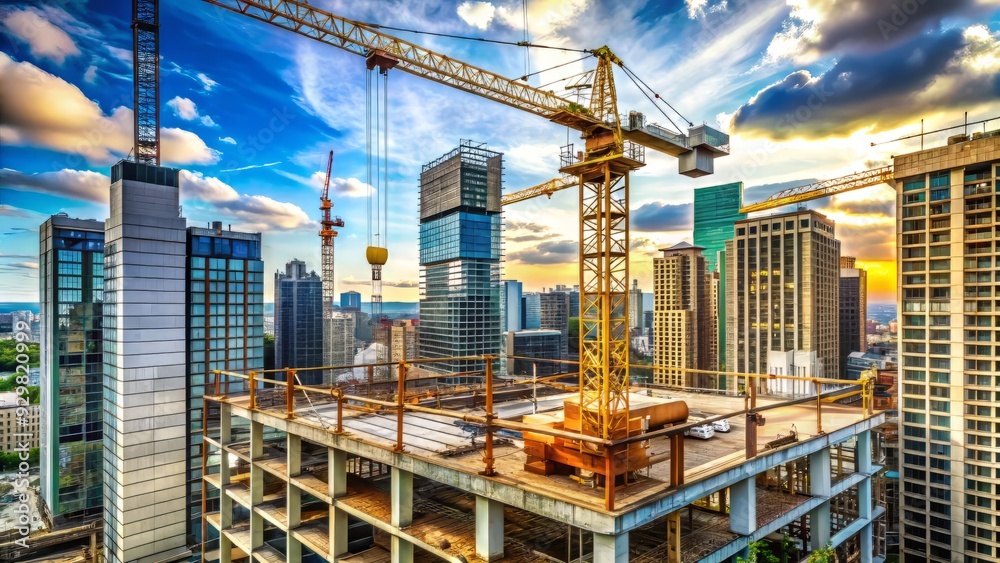 Tall crane rises above partially built high-rise structure amidst bustling cityscape with steel beams, scaffolding, and machinery scattered across the concrete construction site. Tall crane rises above partially built high-rise structure amidst bustling cityscape with steel beams, scaffolding, and machinery scattered across the concrete construction site.
