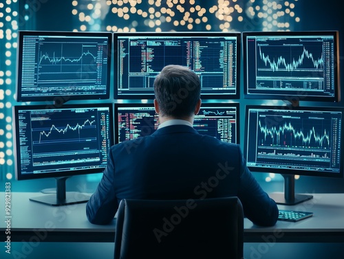 Business professional analyzing financial data on multiple monitors with stock market graphs and charts in modern office environment.