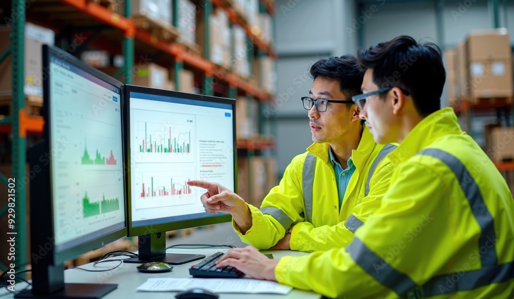 Fototapeta premium Japanese Logistics Team Analyzing Inventory Data on Dual Monitors in a Warehouse Setting