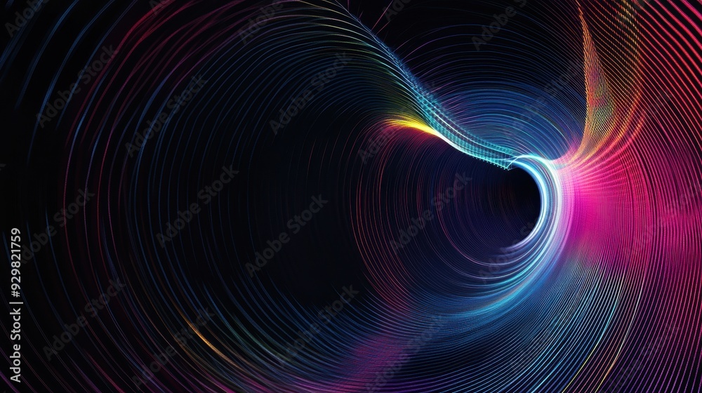 Abstract Neon Light Tunnel with Curved Lines and Swirling Shapes on Black Background. Abstract Neon Light Tunnel with Curved Lines and Swirling Shapes on Black Background.