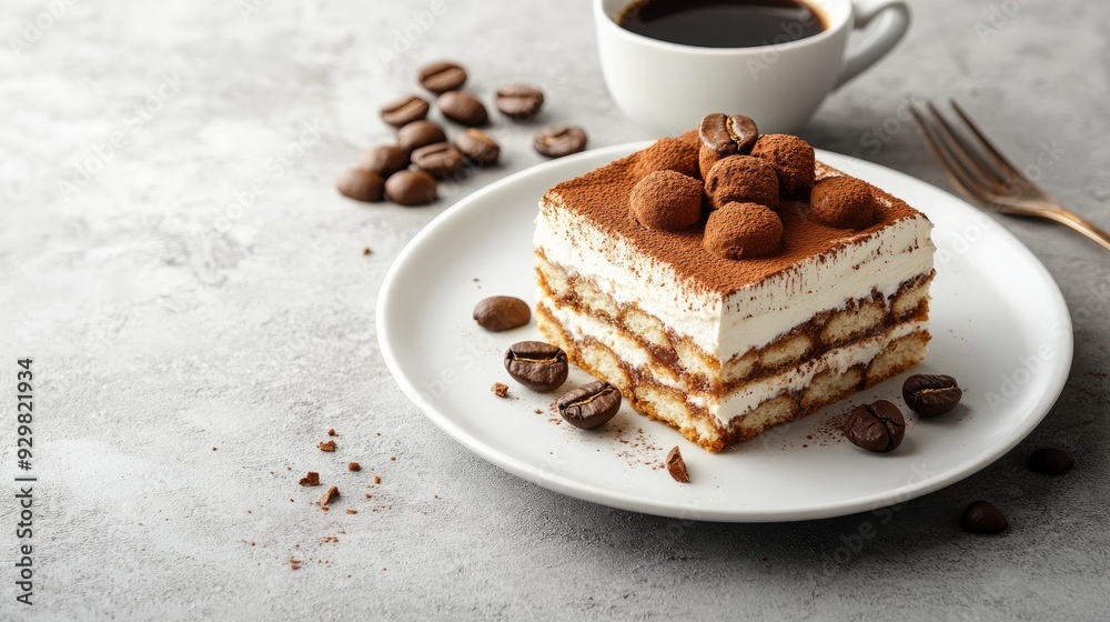 Italian traditional layered dessert tiramisu with biscuits, mascarpone cream, and coffee served in a white plate with a gray concrete backdrop. Italian traditional layered dessert tiramisu with biscuits, mascarpone cream, and coffee served in a white plate with a gray concrete backdrop.