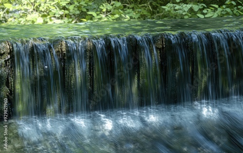 Closeup of Water Cascading Over Moss Covered Rocks in a Forest Stream.