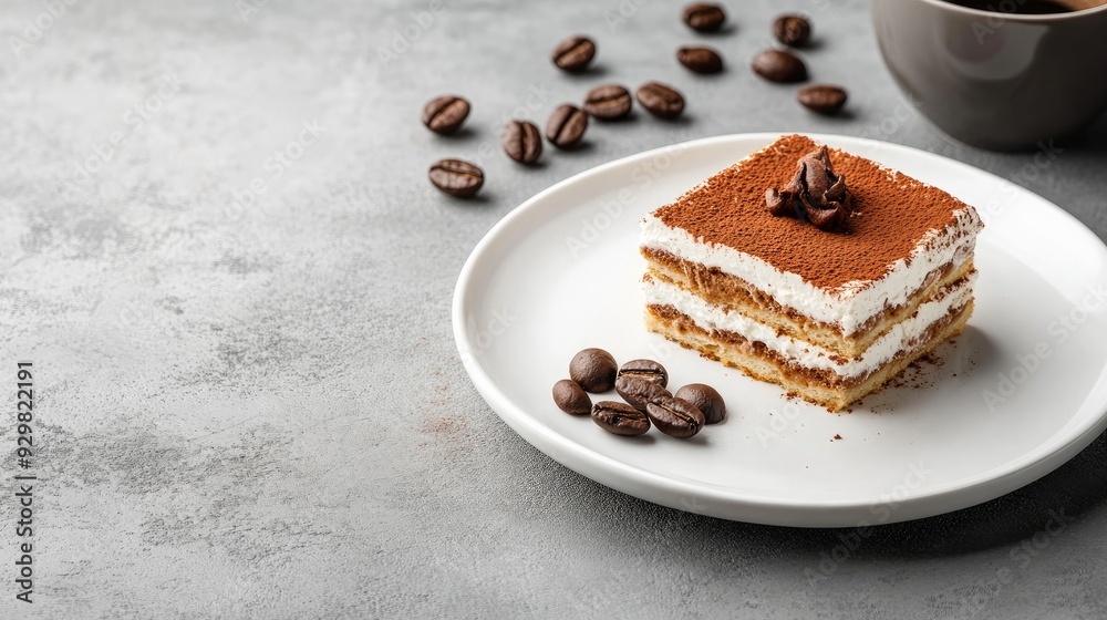 Italian traditional layered dessert tiramisu with biscuits, mascarpone cream, and coffee served in a white plate with a gray concrete backdrop.