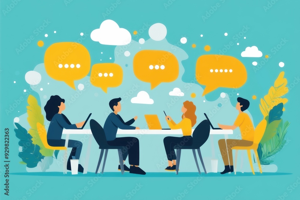 A group of four people engaged in a lively discussion at a table, with speech bubbles above them conveying communication and collaboration in a bright, colorful setting A group of four people engaged in a lively discussion at a table, with speech bubbles above them conveying communication and collaboration in a bright, colorful setting