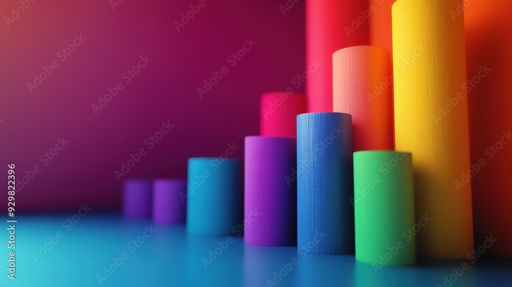 A vibrant arrangement of colorful cylindrical shapes in varying heights, set against a gradient background, showcasing a playful and dynamic aesthetic A vibrant arrangement of colorful cylindrical shapes in varying heights, set against a gradient background, showcasing a playful and dynamic aesthetic
