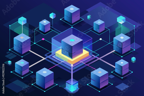 Isometric 3D cityscape with interconnected buildings symbolizing social network connections, business and technology integration