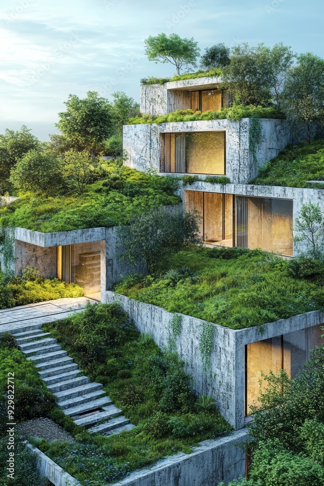 A modern hillside residence integrates seamlessly with nature, featuring lush greenery, multiple levels, large windows, and a sustainable aesthetic