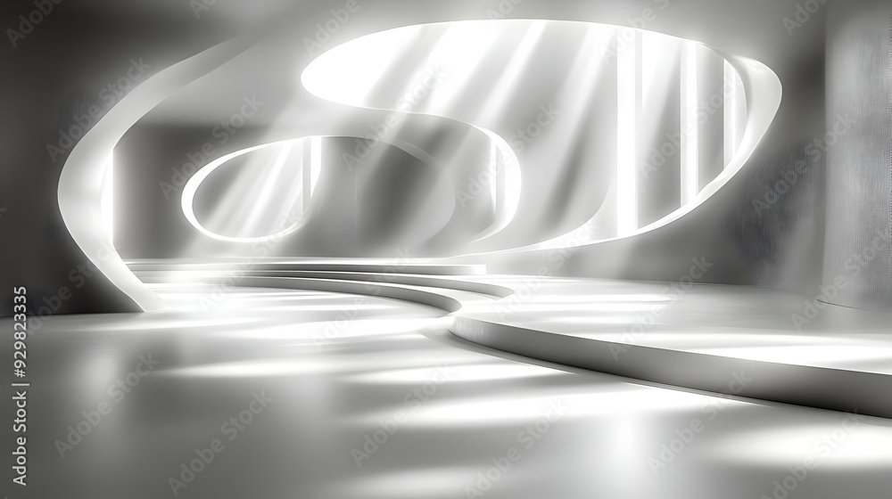 A modern, minimalist interior with soft lighting and curved shapes. A modern, minimalist interior with soft lighting and curved shapes.