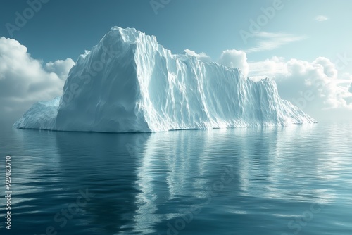 A massive iceberg floats serenely in calm waters, reflecting its icy surface against a backdrop of soft clouds and a pale sky