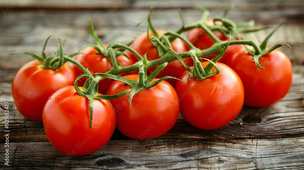 A bunch of vine-ripened tomatoes on a wooden surface, emphasizing their vibrant color and natural beauty A bunch of vine-ripened tomatoes on a wooden surface, emphasizing their vibrant color and natural beauty
