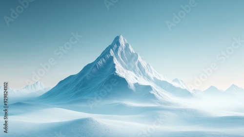 A majestic snow-capped mountain rises above a serene, icy landscape, bathed in soft blue hues, creating a tranquil and breathtaking winter scene