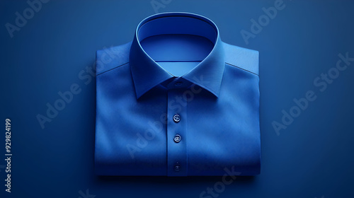 A neatly folded blue shirt on a blue background.