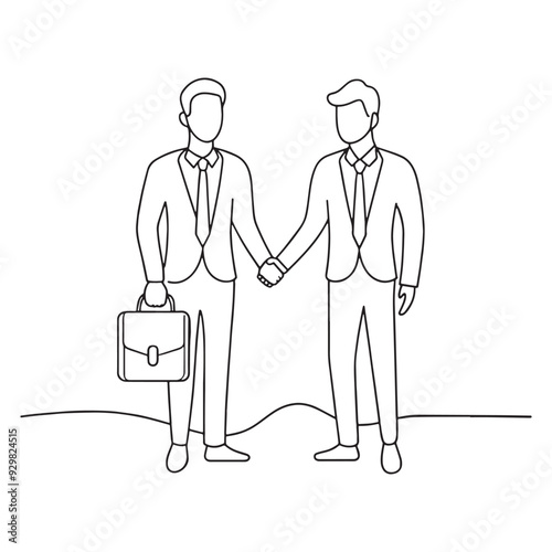 Continuous line drawing depicting two businessmen engaged in a handshake, symbolizing agreement and partnership One line continuous line art vector illustration on white background.