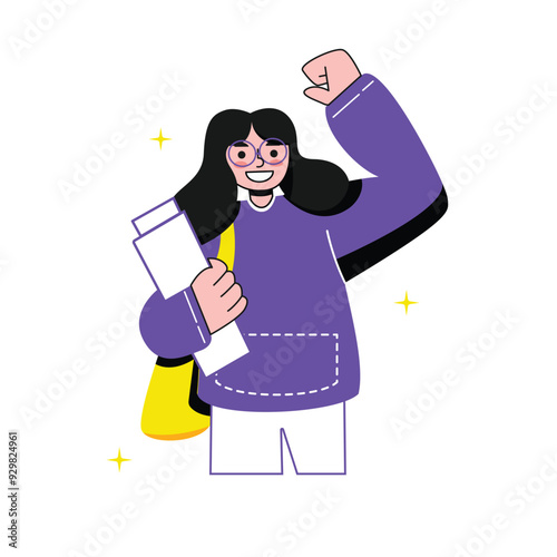 Vector of happy university student woman bring book showing her fist