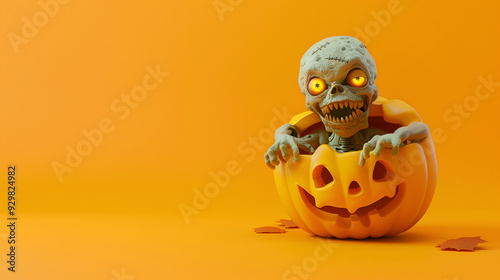 Illustration of a terrifying zombie inside a pumpkin with orange background for halloween