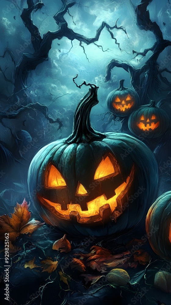 Haunted Pumpkin Spirit. Fiery jack-o'-lantern face emerging from twisted branches in a dark, eerie forest. Perfect for a Halloween thriller Haunted Pumpkin Spirit. Fiery jack-o'-lantern face emerging from twisted branches in a dark, eerie forest. Perfect for a Halloween thriller