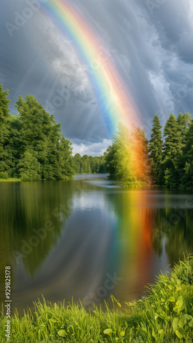 A panoramic view of the lake with a rainbow visible in the clear sky after the rain