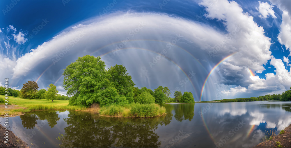 A panoramic view of the lake with a rainbow visible in the clear sky after the rain A panoramic view of the lake with a rainbow visible in the clear sky after the rain