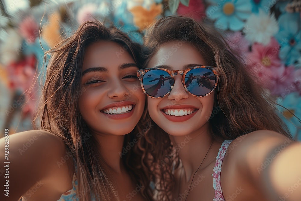 Two smiling women take a selfie in front of a colorful flower backdrop. Two smiling women take a selfie in front of a colorful flower backdrop.