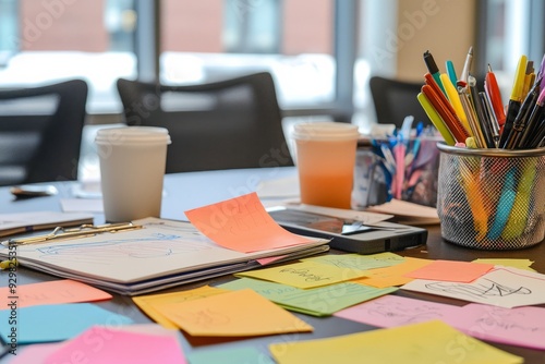 A creative brainstorming session with post-it notes, marketing data, and campaign sketches spread across a table