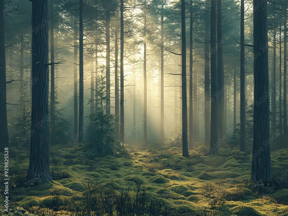 Sunbeams Through Misty Forest Trees, Woodland Scene, Green Moss, Nature Background. Sunbeams Through Misty Forest Trees, Woodland Scene, Green Moss, Nature Background.
