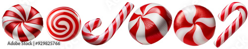 A collection of striped red and white candy canes and round peppermints cut out transparent isolated on white background PNG