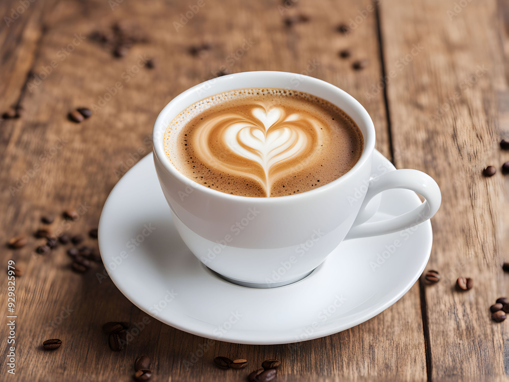 Cup of coffee latte with heart shape and coffee beans on old wooden background Cup of coffee latte with heart shape and coffee beans on old wooden background