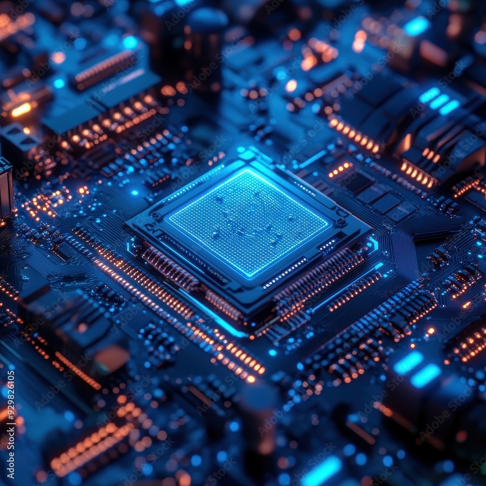 Close-Up of a Glowing Blue CPU Chip on a Motherboard. Close-Up of a Glowing Blue CPU Chip on a Motherboard.