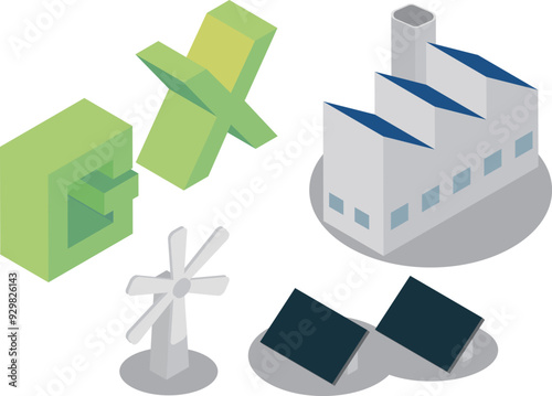 アイソメトリックな工場のGXをイメージしたアイコンセット