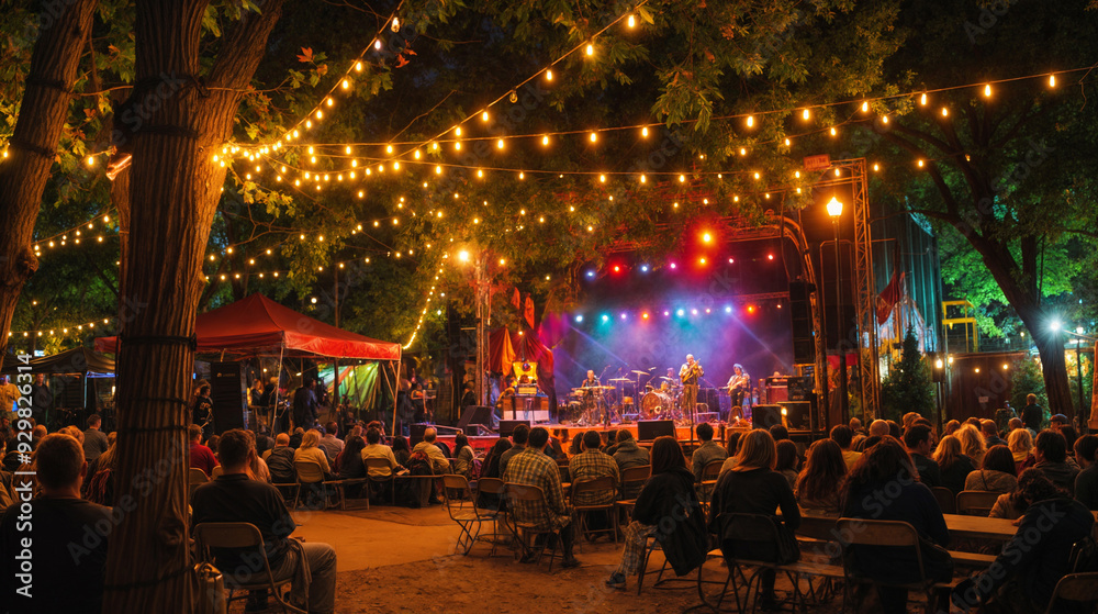 Crowd enjoying live music concert at night under string lights in an outdoor venue. Lifestyle. Entertainment and music festival concept. Website, banner, poster, advertising Crowd enjoying live music concert at night under string lights in an outdoor venue. Lifestyle. Entertainment and music festival concept. Website, banner, poster, advertising