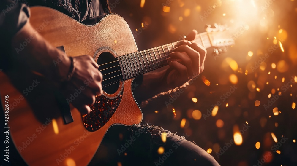 Obraz premium Person strumming an acoustic guitar surrounded by warm, glowing bokeh lights, creating a moody and atmospheric scene.