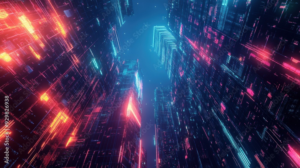 Obraz premium Futuristic Neon Cityscape - Abstract Cyberpunk Architecture with Bright Glowing Lines.