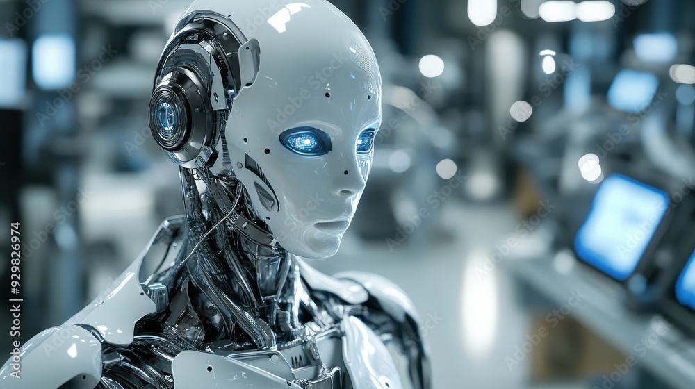 Fototapeta premium Futuristic Robot with Glowing Blue Eyes in a Technological Setting.