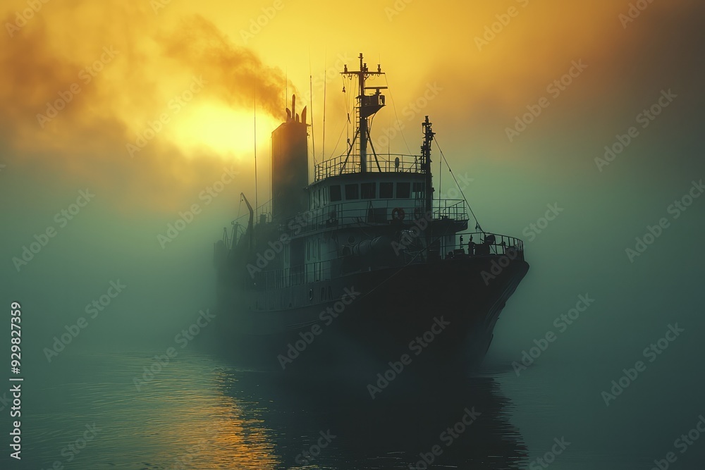 Ghostly silhouette of a shipwreck in a mysterious fog Ghostly silhouette of a shipwreck in a mysterious fog