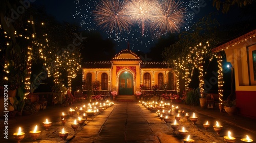 Festive Building Decorated with Lights and Firework Display During Diwali Celebration.