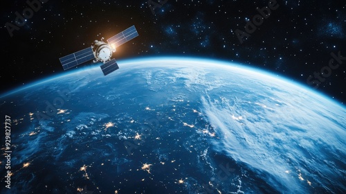 Fototapeta Naklejka Na Ścianę i Meble -  A lone satellite circling Earth, with the vast expanse of space and the glowing horizon of the planet beneath