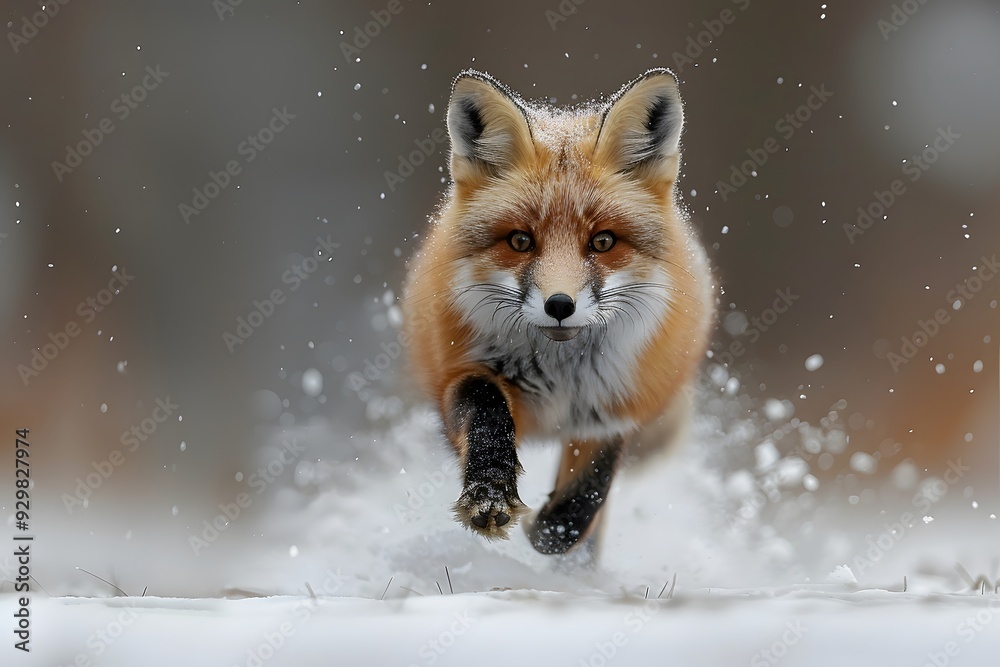Fototapeta premium Red Fox Running through Snow - Wildlife Photography, Winter Nature Scene, Animal Behavior