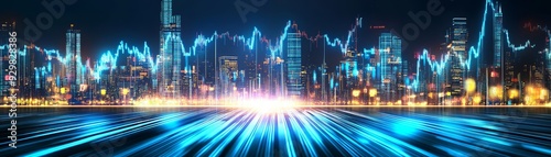 Futuristic city skyline with glowing financial graphs and lines depicting stock market trends, technology and business concepts at night.