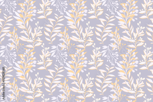 Pastel pattern with creative branches, abstract shapes leaf. Yellow floral stems contemporary seamless printing on a grey background. Vector hand drawing illustration. Designs for fabric, textiles
