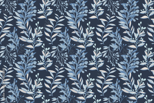 Monochrome blue pattern with creative branches, abstract shapes leaves on a dark background. Stylized floral stems seamless printing. Vector hand drawing illustration. Designs for fabric, textiles